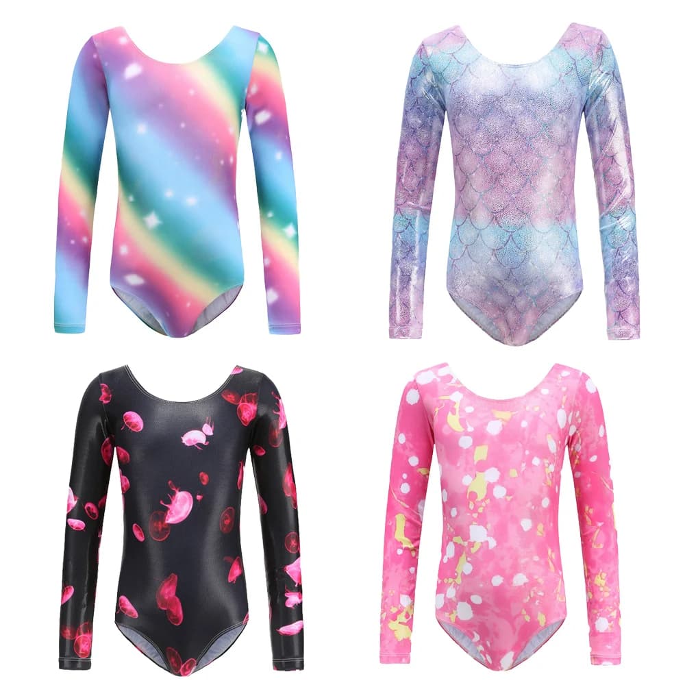 Body da balletto con stampa colorata per bambine costume da bagno da ginnastica lucido per ballare tuta intera in Spandex a maniche lunghe
