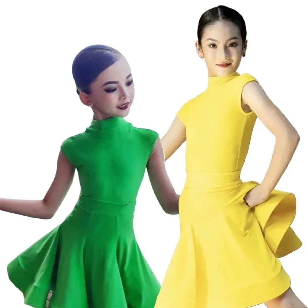 Abito da ballo latino a maniche corte verde per ragazze danza americana rumba cha cha samba tango costume da competizione pratica abbigliamento per bambini