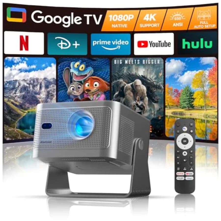 Mini Proiettore Portatile con Google TV, Supporto 4K, WiFi, Bluetooth, Autofocus, Evitamento Ostacoli, 650 ANSI, Controllo Vocale, Home Theater