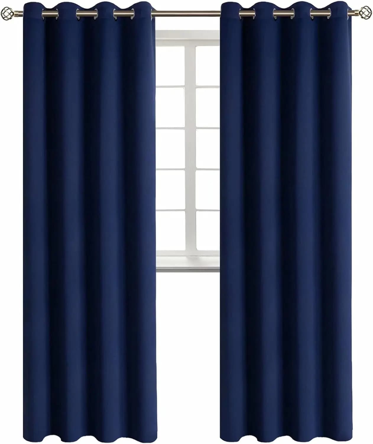 Thermal Insulating Blinds for Living Room and Bedroom, Design with Eyelets, Navy Blue Color, 2 Panels 52x95 Inches