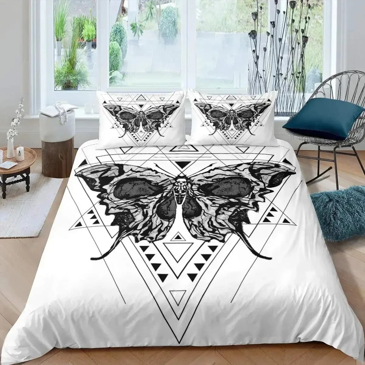 Set copripiumino con teschio gotico con farfalla della morte Set di biancheria da letto con scheletro di farfalle per Halloween Copripiumino Hippie Ombre King Size