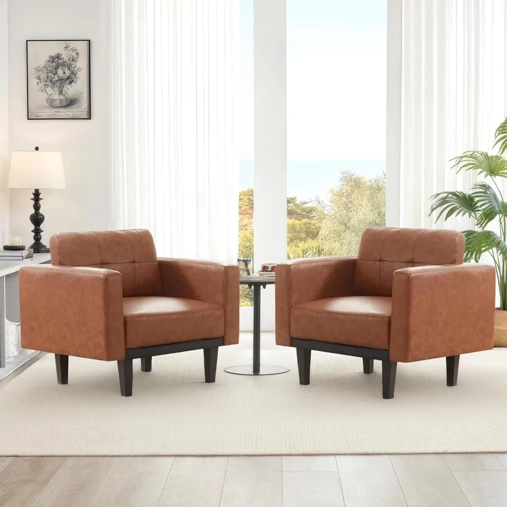 Set di 2 sedie in pelle Mid-Century con base e gambe in legno, poltrona singola imbottita oversize, comodo bracciolo da soggiorno