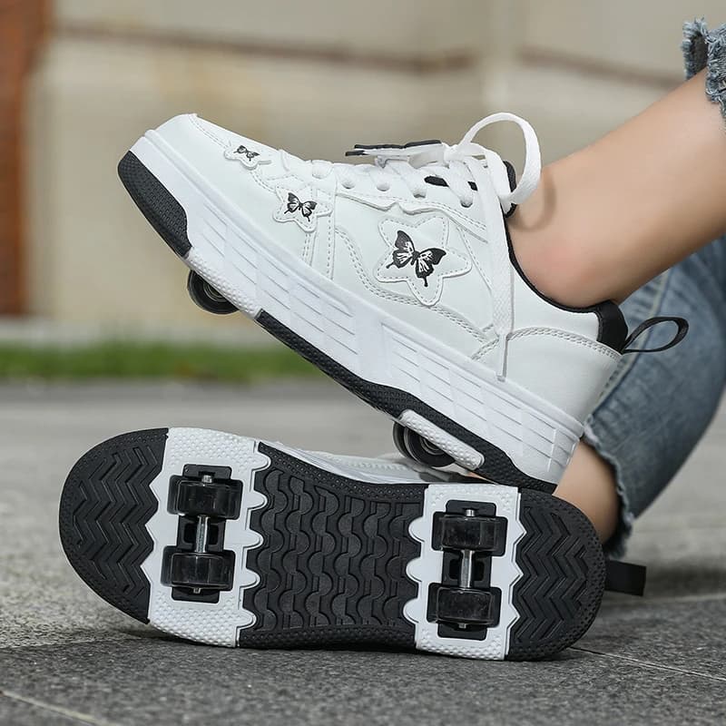 Scarpe da ragazza Crazy Shoes, scarpe per bambini con pattini a rotelle automatici a quattro ruote rimovibili, sneakers con lacci e ruote per ragazze