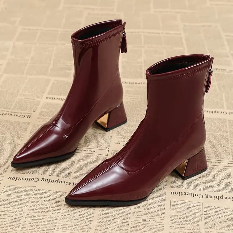 Women Patent Leather Ankle Boots Pointed Toe Block Heel Back Zipper Slim Short Boots Ladies Daily Party Dress Plus Size Booties
