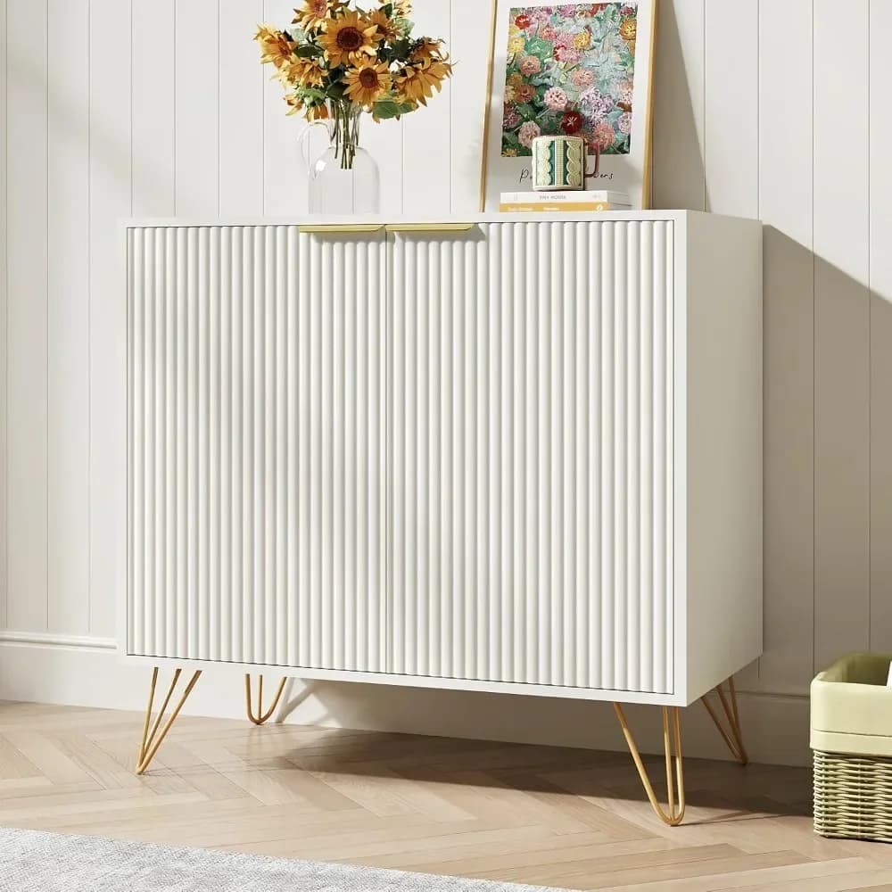 Mobiletto contenitore con 2 ante, credenza bianca scanalata con gambe in metallo e ripiano regolabile, mobiletto decorativo per kit