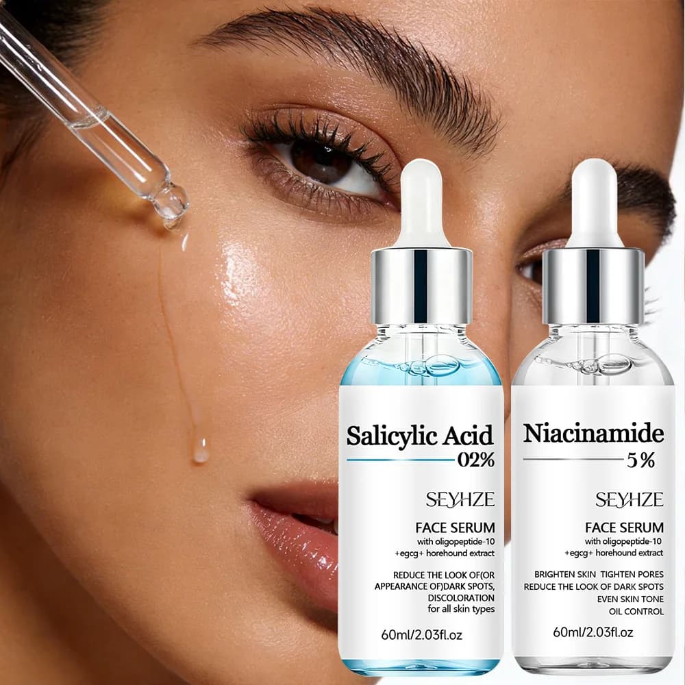 SEYHZE Set di 2 Essenze con Acido Salicilico e Niacinamide, 5% Niacinamide, Ceramidi e Portulaca per Illuminare la Pelle, Restringere i Pori e Idratare