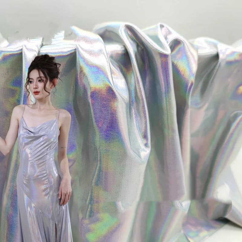 Iridescent Mist‑Gold Liquid Holographic Fabric Shiny Rainbow Cloth for Formal Gown Swimsuit Graduation Project Background Decor