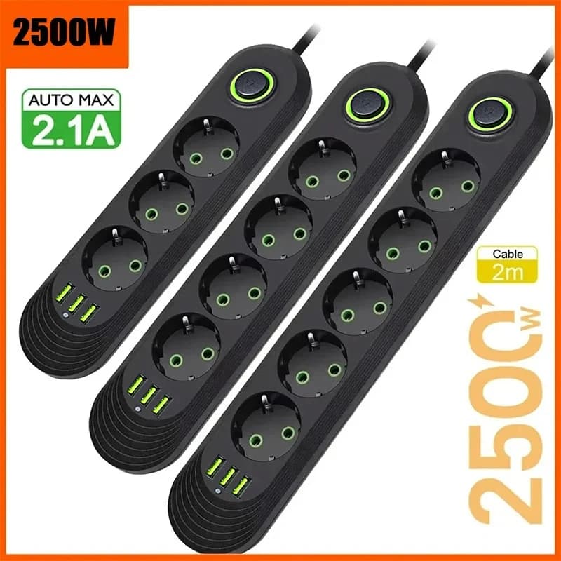Multipresa da 2500W con 3 porte USB, cavo di prolunga da 2M, presa CA a spina rotonda, adattatore caricatore per casa e ufficio, spina EU