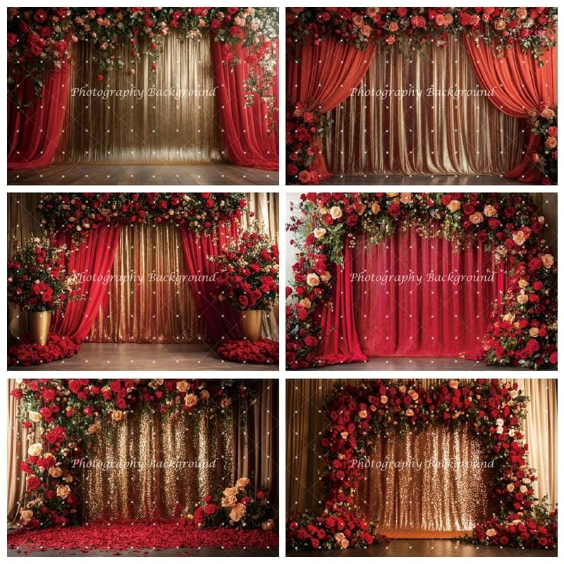 Sfondo con Tende Rosse e Fiori per Matrimoni, Decorazioni per Feste, Addio al Nubilato, Fotografia di Ritratto, Sfondo per Foto, Accessori per Photobooth