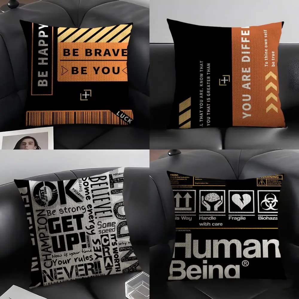 Be Happy and Good Luck cushion cover in natural linen, organic fabric, front-back printing, sofa and home decoration, breathable