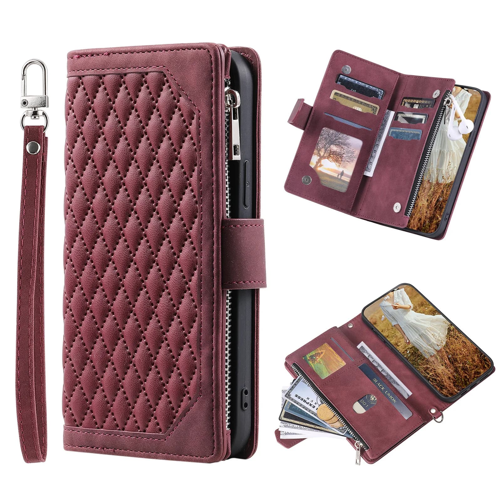 Multi 6 Cards Checkered Leather Zipper Wallet Case for Xiaomi POCO X7 Pro X5 X4 GT X3 F6 F5 F4 F3 NFC Crossbody Wrist Flip Cover