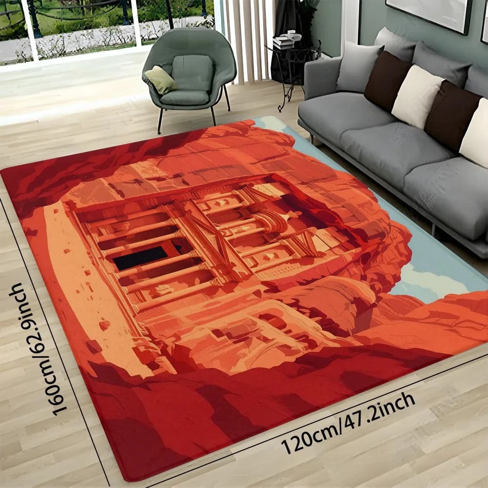 2D Flat Petra Jordan Treasury Ancient Architecture Red Rock Landscape Flannel Area Rug Non Slip Travel Souvenir Carpet ForLiving