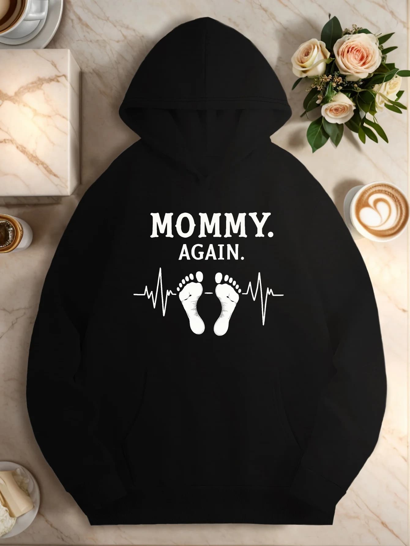 Felpa con cappuccio casual Footprint Heartbeat Mommy Again - Stampa con motivo premaman verde vibrante, dotata di battito cardiaco e impronte