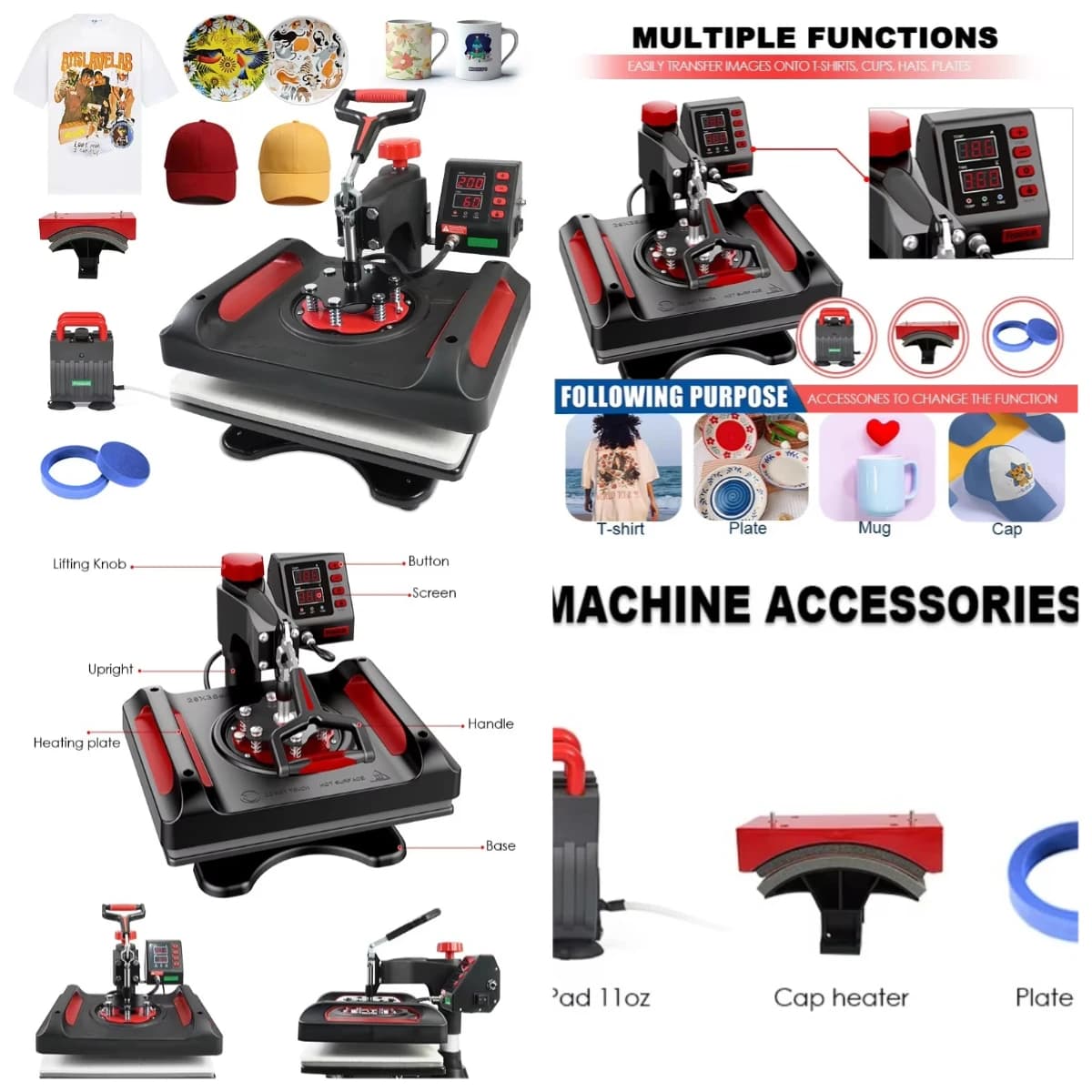 WJW Macchina Termopressa Multifunzione 5 in 1 per Stampa su T-shirt, Cappelli/Berretti, Tazze e Piatti