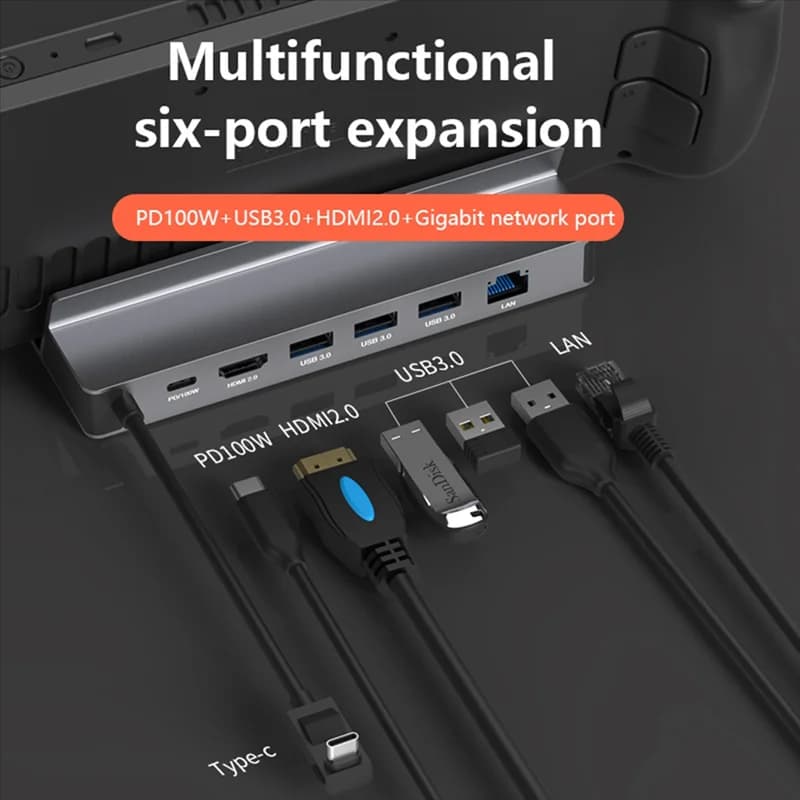 A23F-6 In 1 USB C Hub Docking Station Per Steam Deck 4K 60Hz RJ45 PD100W Dock Per Nintendo Switch Asus ROG Ally