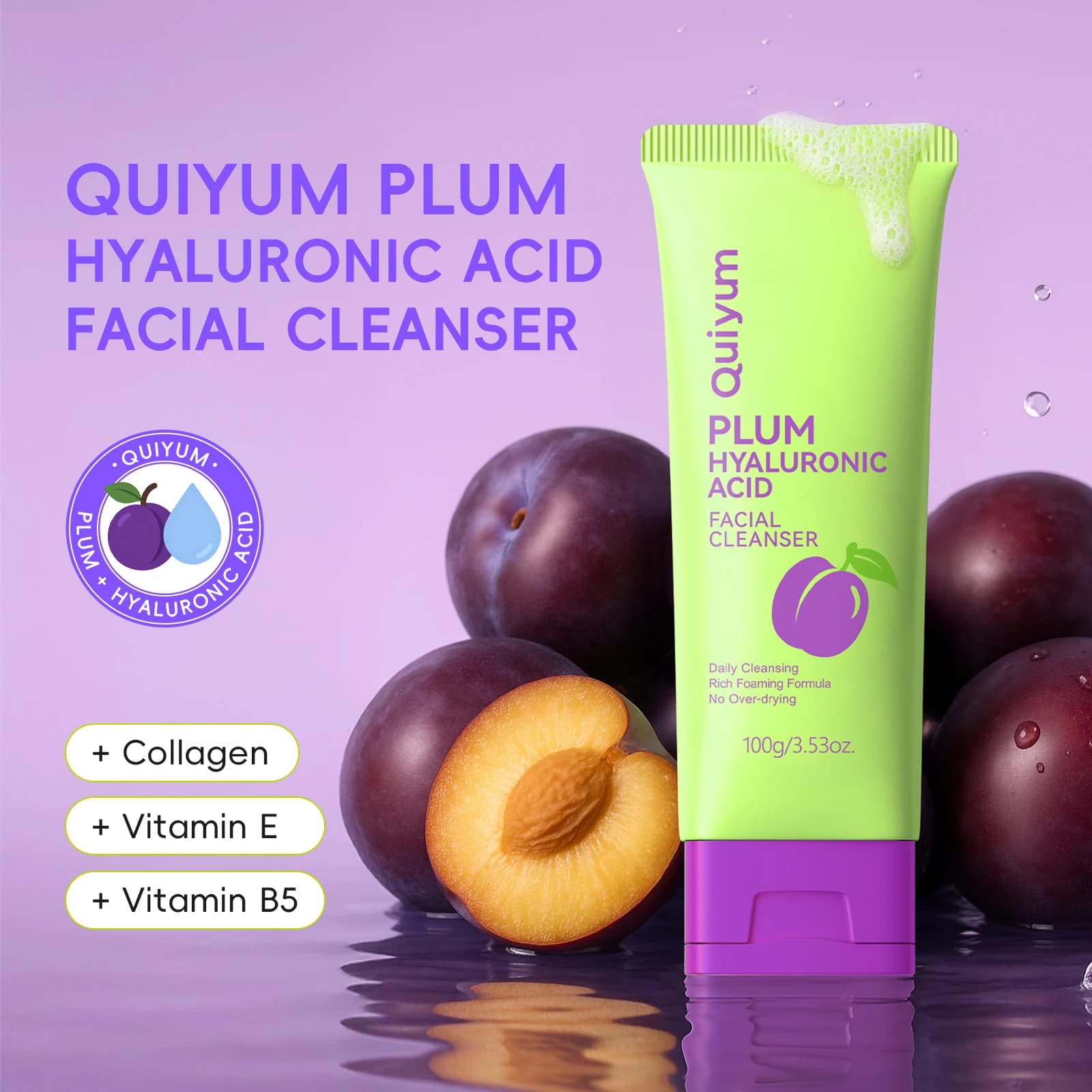 Quiyum Plum Hyaluronic Acid Facial Cleanser 100g Rich Foaming No Over-Drying with Collagen & Vitamins