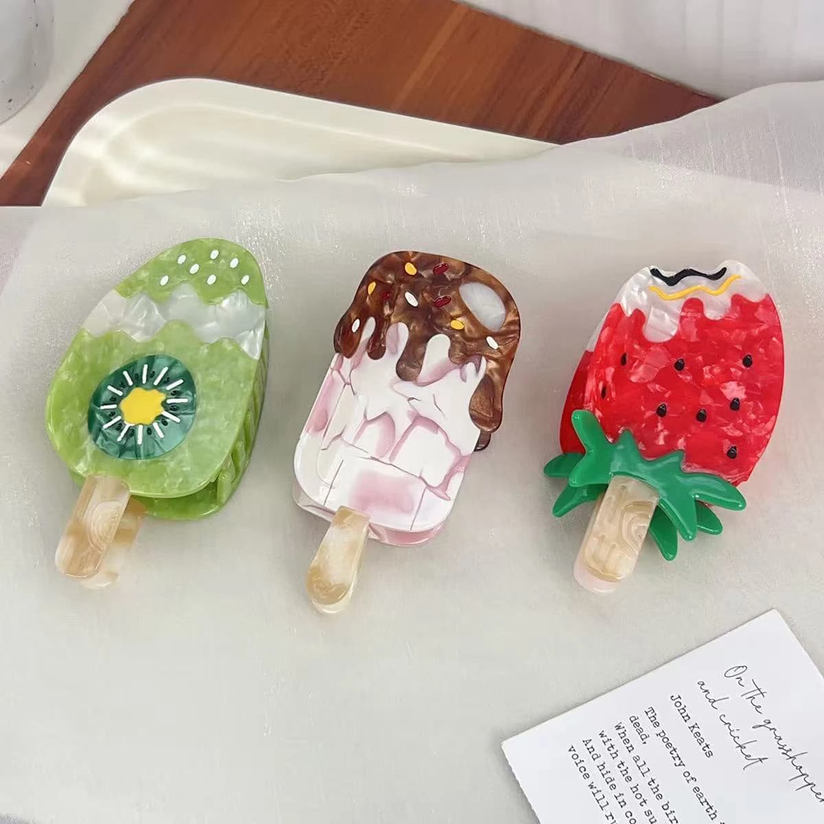 1 pz Nuova Molletta Estiva in Acetato con Divertenti Cartoni Animati: Fragola, Cioccolato, Gelato, Squalo - Accessorio per Capelli da Ragazza