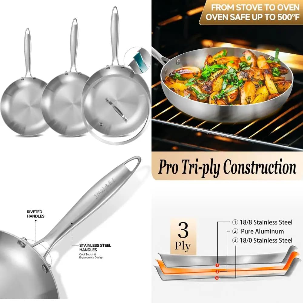 Set of 3 stainless steel pans with lid, pans, induction pans, riveted handle, uniform heating, perfect for Everyd