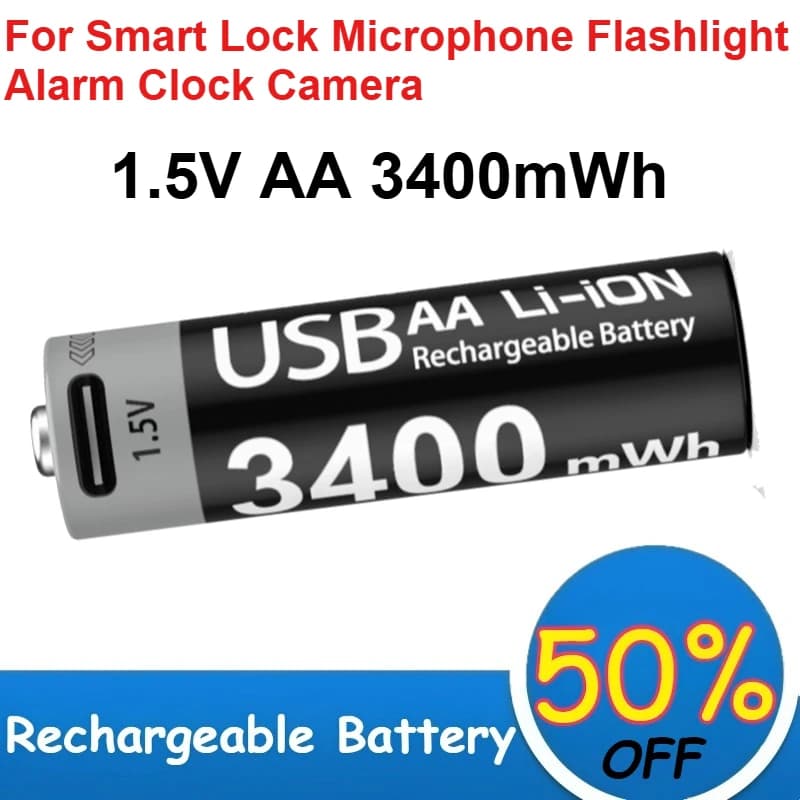 Batteria Ricaricabile agli Ioni di Litio USB 1.5V AA 3400mWh per Serrature Intelligenti, Microfoni, Torce, Sveglie, Fotocamere