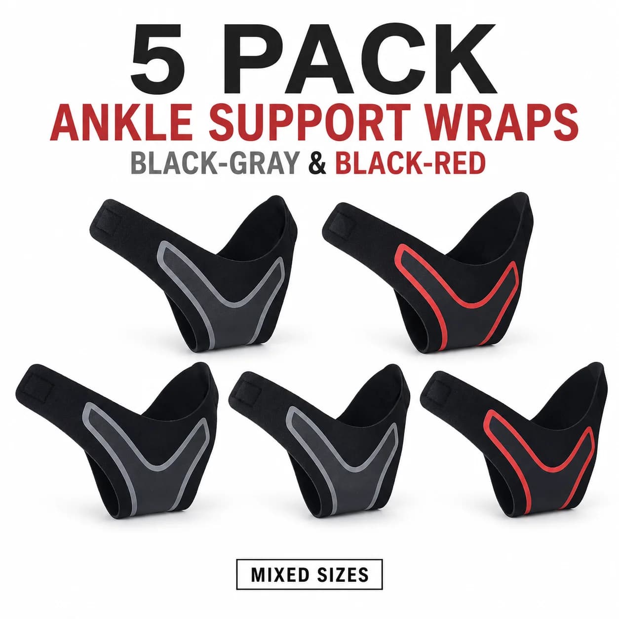 Confezione da 5 Supporti per Caviglia Regolabili, Nero, Grigio, Nero, Rosso, Misure Assortite per Camminata, Allenamento, Fitness, Uso Quotidiano, Uomo e Donna