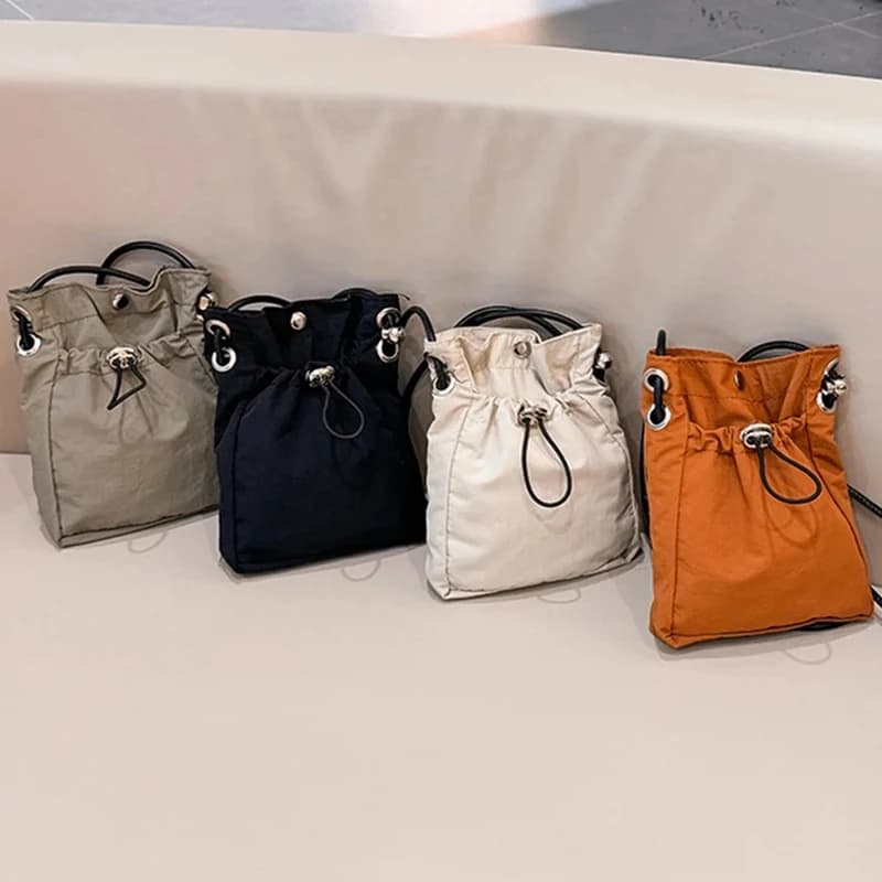 Korean Mini Nylon Shoulder Bag for Men Women Chic Crossbody Bucket Bag Casual Small Handbag Drawstring Buckle Purse Phone Pouch
