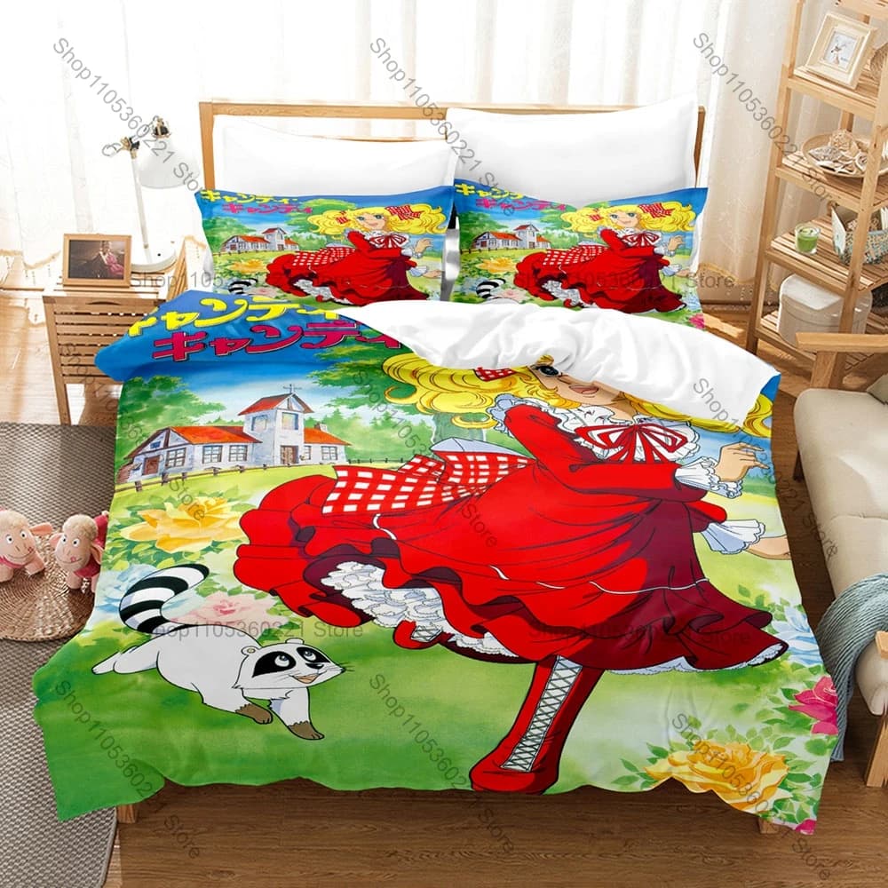 Sweet Candy Manga Printed Bedding Set 3 Pieces Duvet Cover Set Kawaii Bedroom Decor for Kpop Fans Pillowcase for Kids Girls