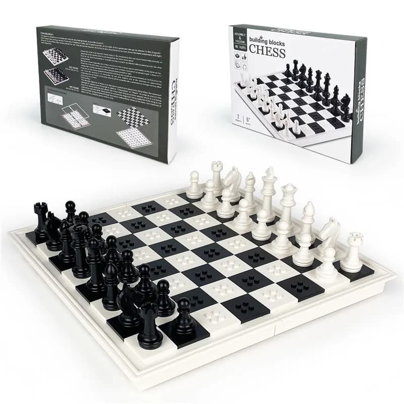 Set di scacchi bianchi, blocchi di costruzione pieghevoli premium con scatola portaoggetti, design in bianco e nero, gioco da tavolo giocattolo per bambini