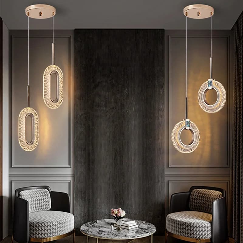 Lampada a sospensione a LED nordica con anello luminoso, ideale per camera da letto, studio, decorazione testiera letto, soggiorno, decorazione interna, lampada a sospensione in cristallo.