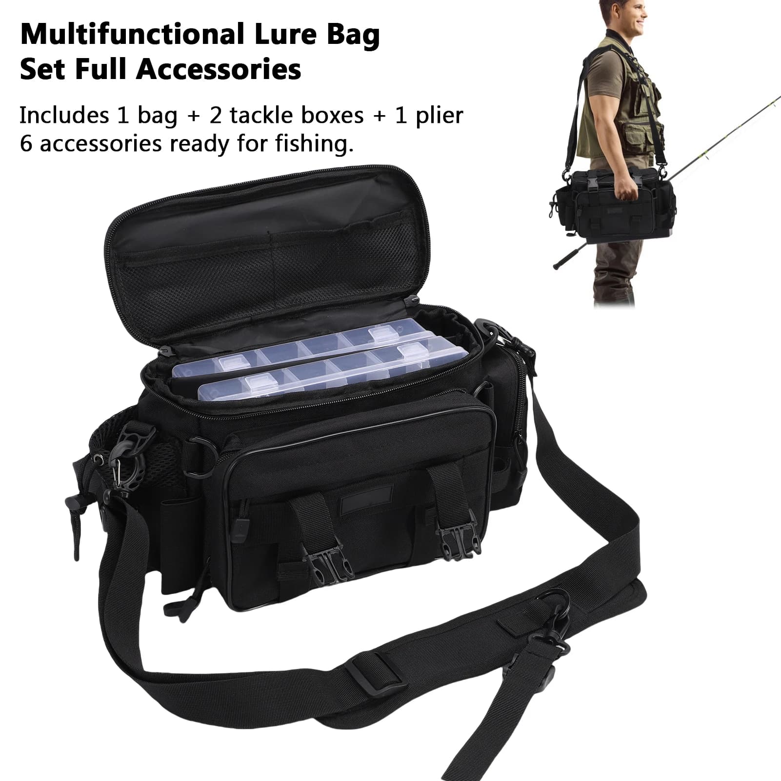 Shoulder Bag for Fishing Equipment with Design Waterproof and Resistant, Adjustable Belts for baits, hooks and fishing accessories