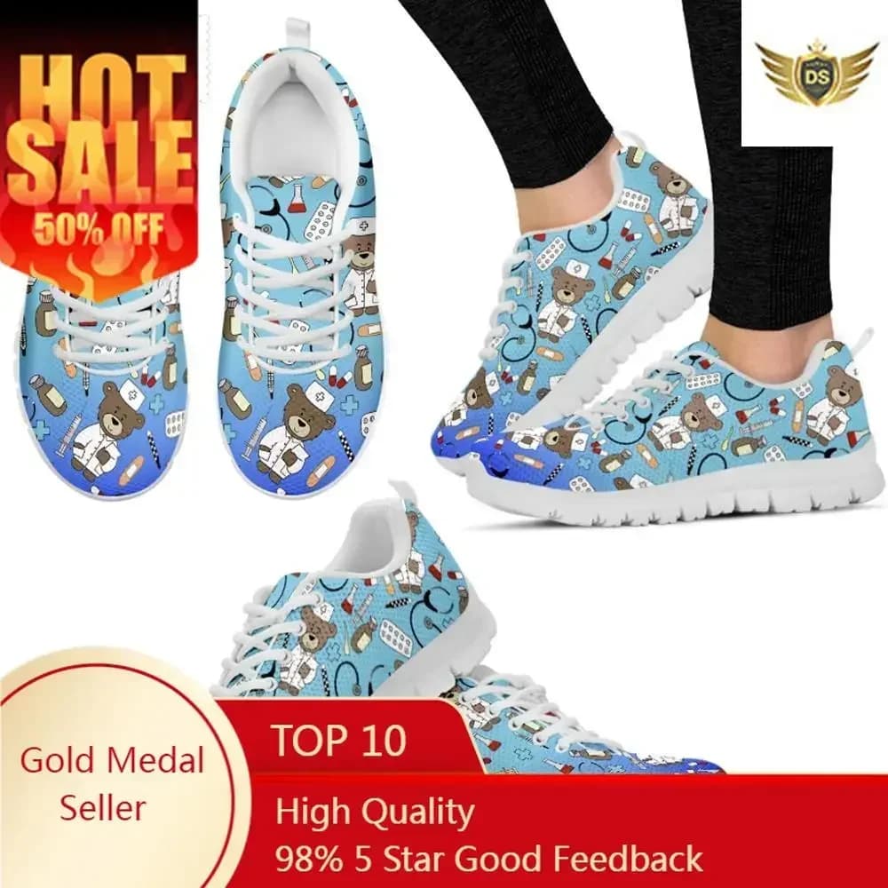 Scarpe Scarpe basse autunnali Donna Simpatico cartone animato Infermiera Orso Stampa Sneakers stringate femminili Calzature da donna per allattamento sfumate
