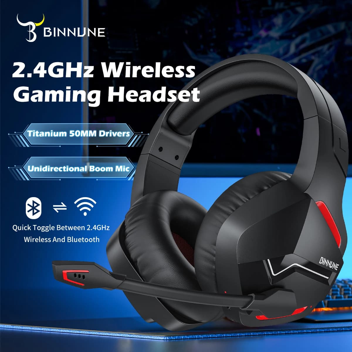 BINNUNE BW01 Cuffie wireless doppie Gamer con microfono Cuffie da gioco Bluetooth per PC PS4 PS5 Cuffie da gioco per computer portatile