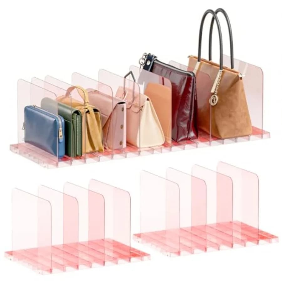 PAVSTINE 2 Pack Purse Organizer for Closet, Stackable Storage Shelf, Pink Adjustable Clear Shelf Dividers, Keep Clutch, Bag, Po