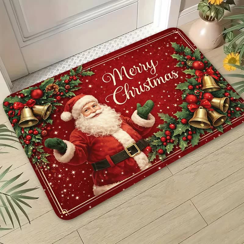 Santa Claus Merry Text Bell Wreath Red Background Doormat For Cozy Home Entrance Traditional Blessing Design