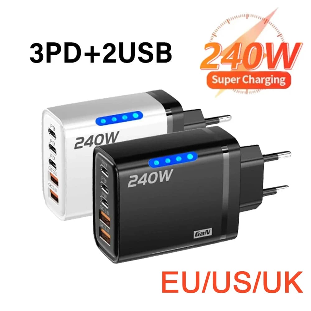 Caricatore Rapido GaN 240W USB-C per Telefono, Adattatore da Parete Veloce EU/US/UK, Caricabatterie da Viaggio per iPhone 17, Xiaomi, Huawei, Samsung