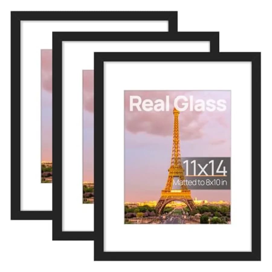 11x14 Picture Frame Set of 3, Made of High Definition Glass for 8x10 with Mat or 11x14 Without Mat, Wall and Tabletop Display P