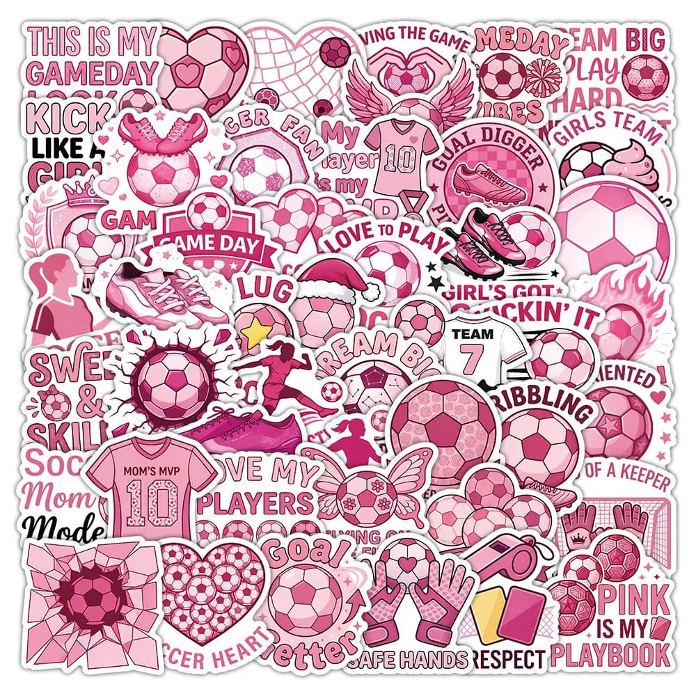 Confezione da 50 Adesivi Decorativi a Tema Calcio Rosa per Bottiglie d'Acqua, Cover per Telefoni, Tablet, Chitarre, Valigie e Cancelleria