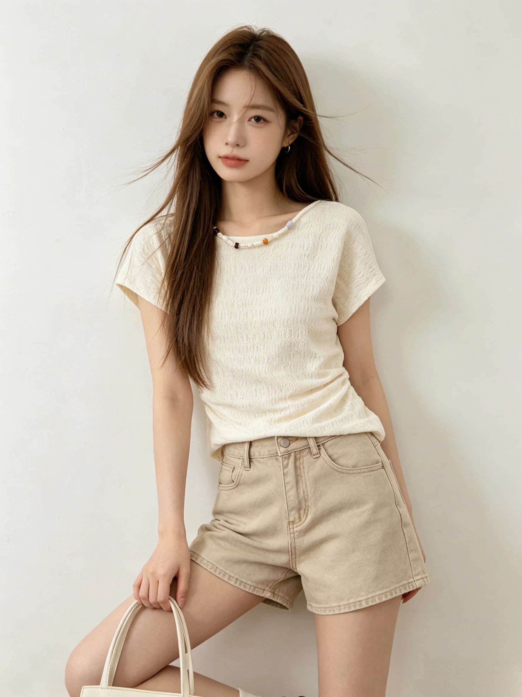 Korean Style Short Sleeve T-Shirt Women's Summer Pleated Slimming Two-Way Beaded Irregular Top Design Sense Asymmetrical Collar