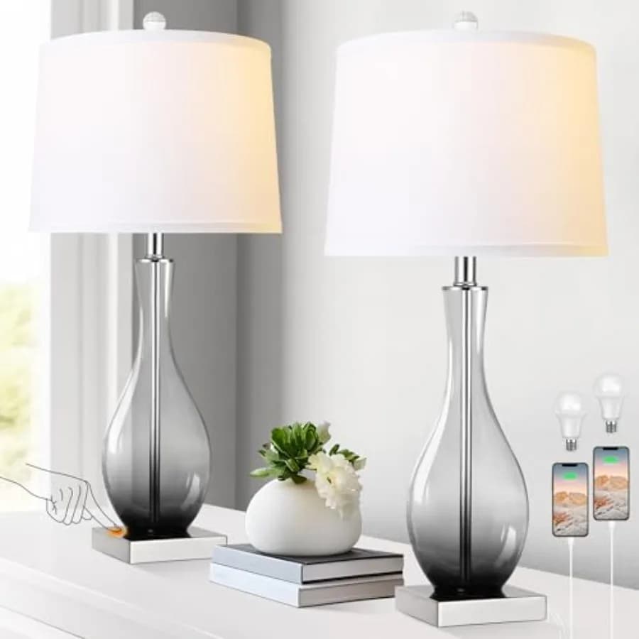 Set di 2 lampade da tavolo con controllo touch, dimmerabili a 3 livelli, moderne in vetro per soggiorno con porte di ricarica USB C e A