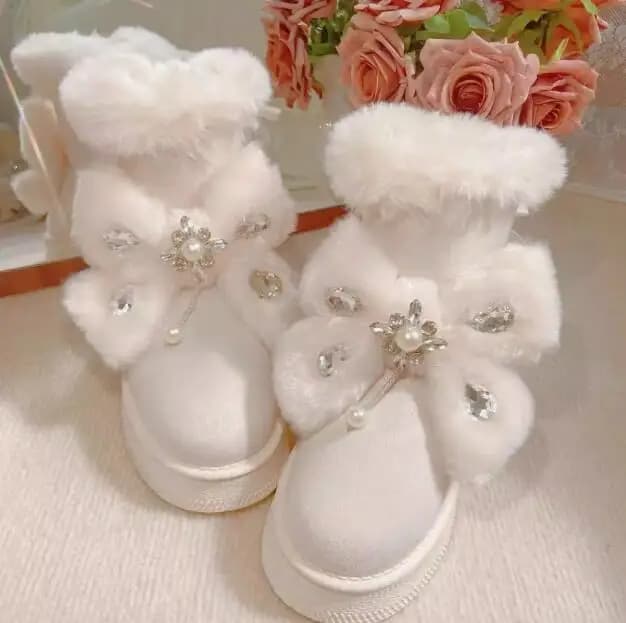 Winter Peal Rhinestone Flower Cute White Fur Big Bowtie Snow Boots Thick Platform Sole Lolita Woman Ankle Botine