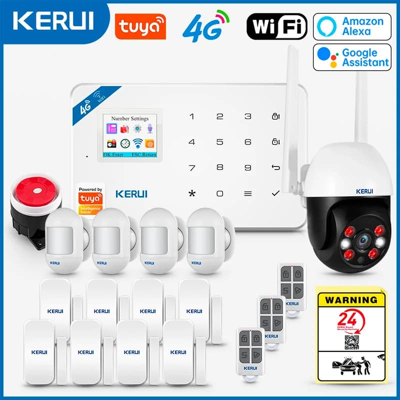 KERUI W184 4G Tuya Smart WIFI GSM Sistema di allarme di sicurezza Funziona con Alexa Home Antifurto Rilevatore di movimento Sensore porta Telecamera esterna