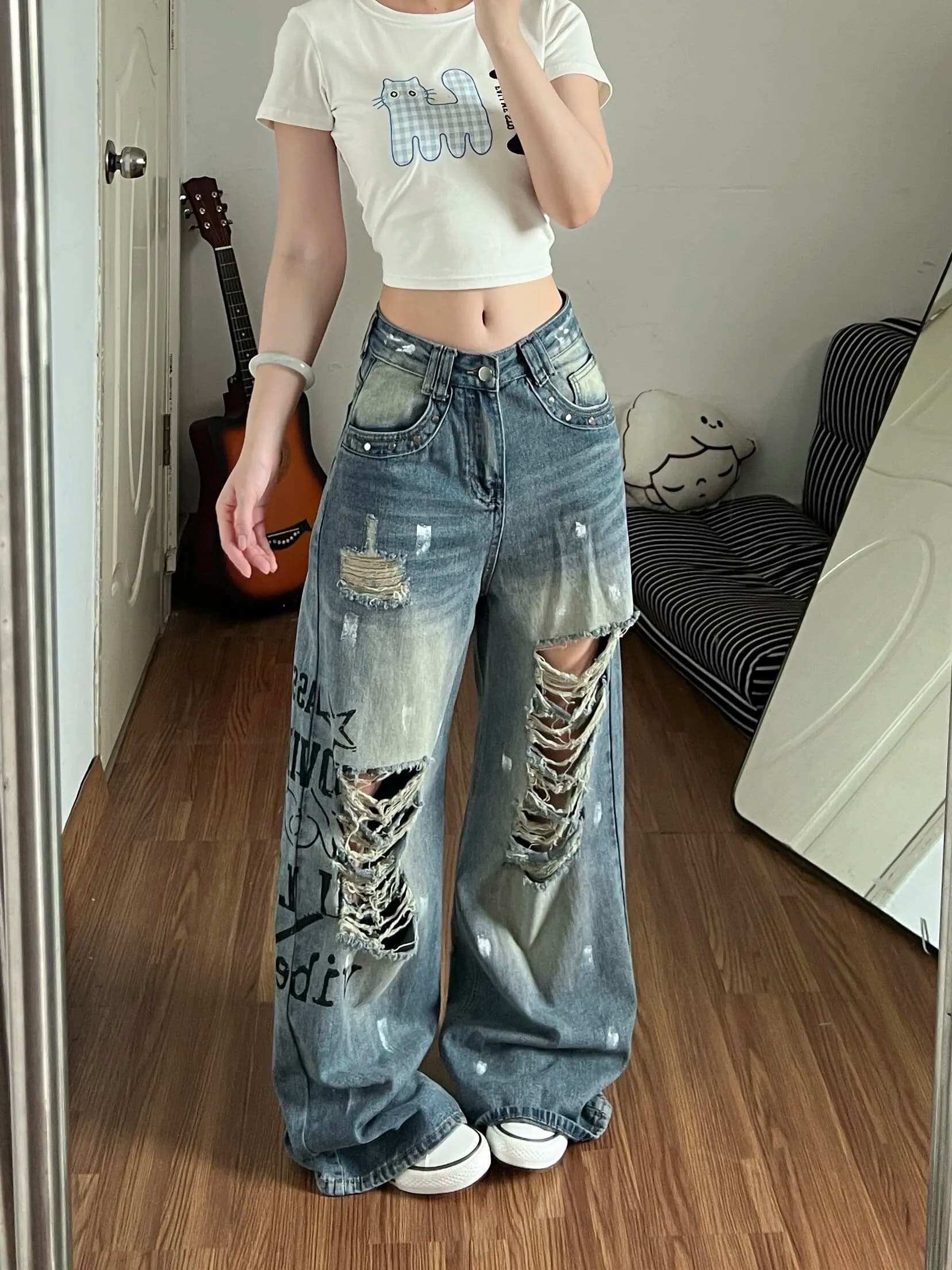 Trendy Street Style Loose Wide Leg Jeans Men Women High Waist Printed Hole Design Comfortable Casual High Quality Denim Pants