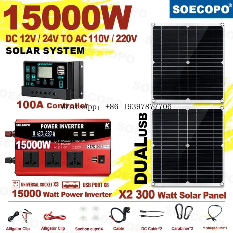 Kit Sistema Solare 15000W con 2 Pannelli da 300W, Regolatore 100A, Inverter 12V/24V a 110V/220V con 3 Prese e 8 Porte USB per Casa