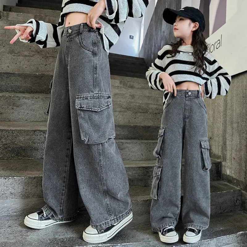 Jeans cargo a gamba larga per ragazze adolescenti 2025 Moda autunnale per bambini Pantaloni casual in denim Scuola Pantaloni larghi dritti per bambini 15 anni