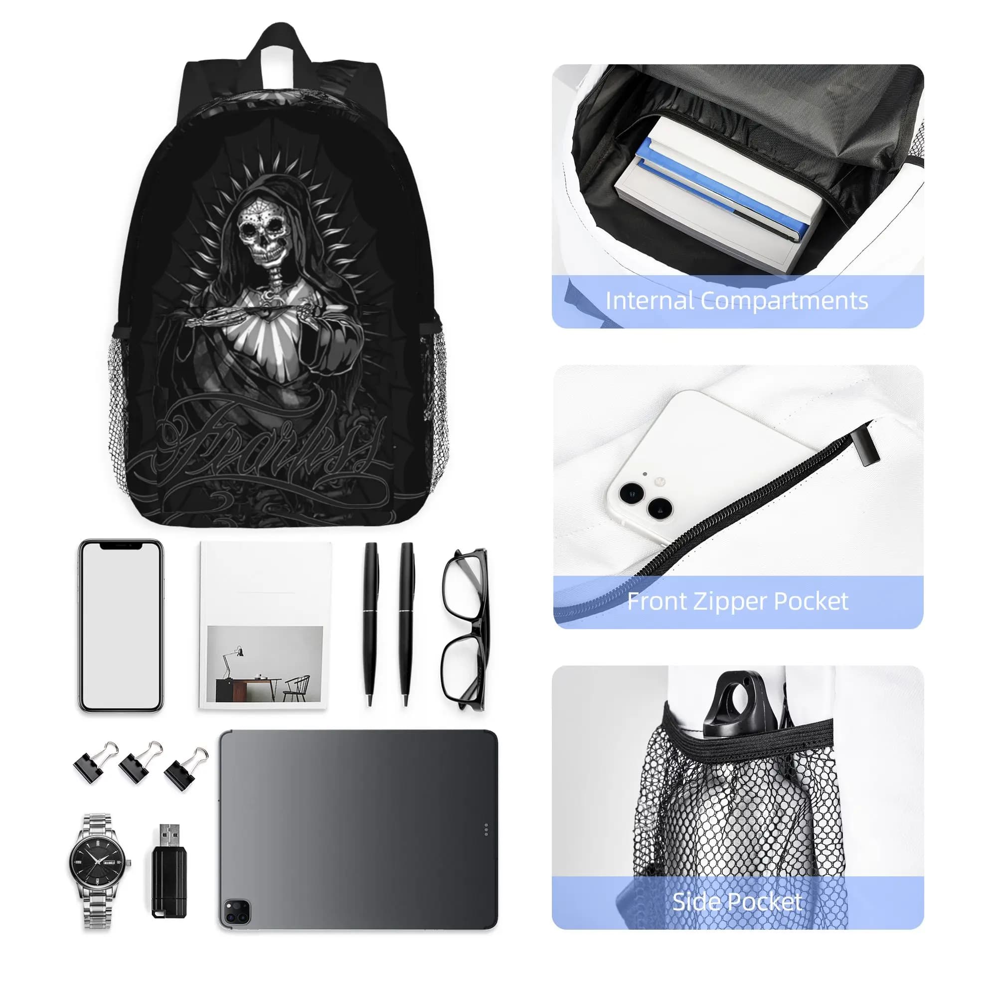 Santa Muerte Spanish Holy Death Backpack Hot Sale Daypack Large Capacity Boy Girl BookBag Shoulder Bags for Men Women School Bag