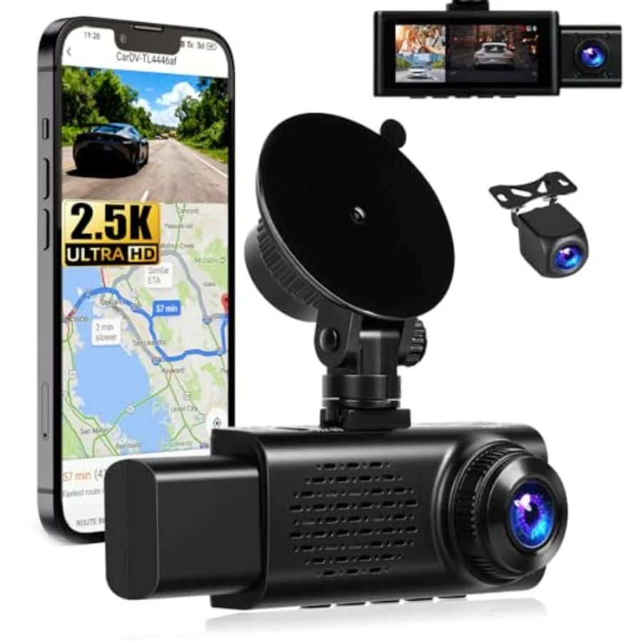 Dash Cam a 3 Canali 2.5K per Auto, Plastica ABS, Nera, Controllo WiFi tramite App, Registrazione Tripla 2.5K+1080P+1080P, Sensore G, Monitoraggio Parcheggio 24H