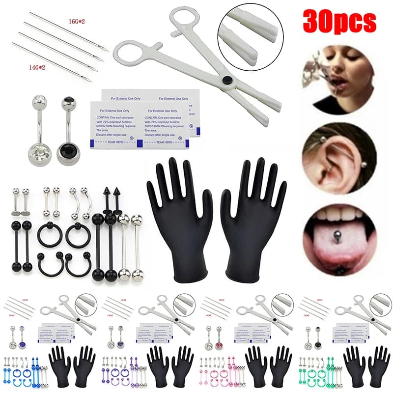 Body Piercing Kit with Needle Pack Ombelic Sett Piercing Tool Kit Ear Tragus Nipple Eyebrow Labret Pircing Set Clamp