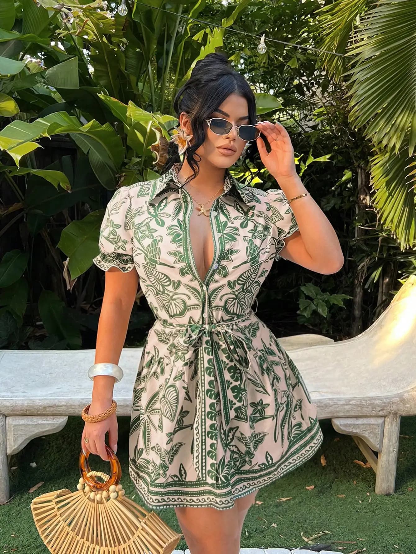 Boho Floral Print Short Sleeve A-Line Shirt Dress With Tie Waist