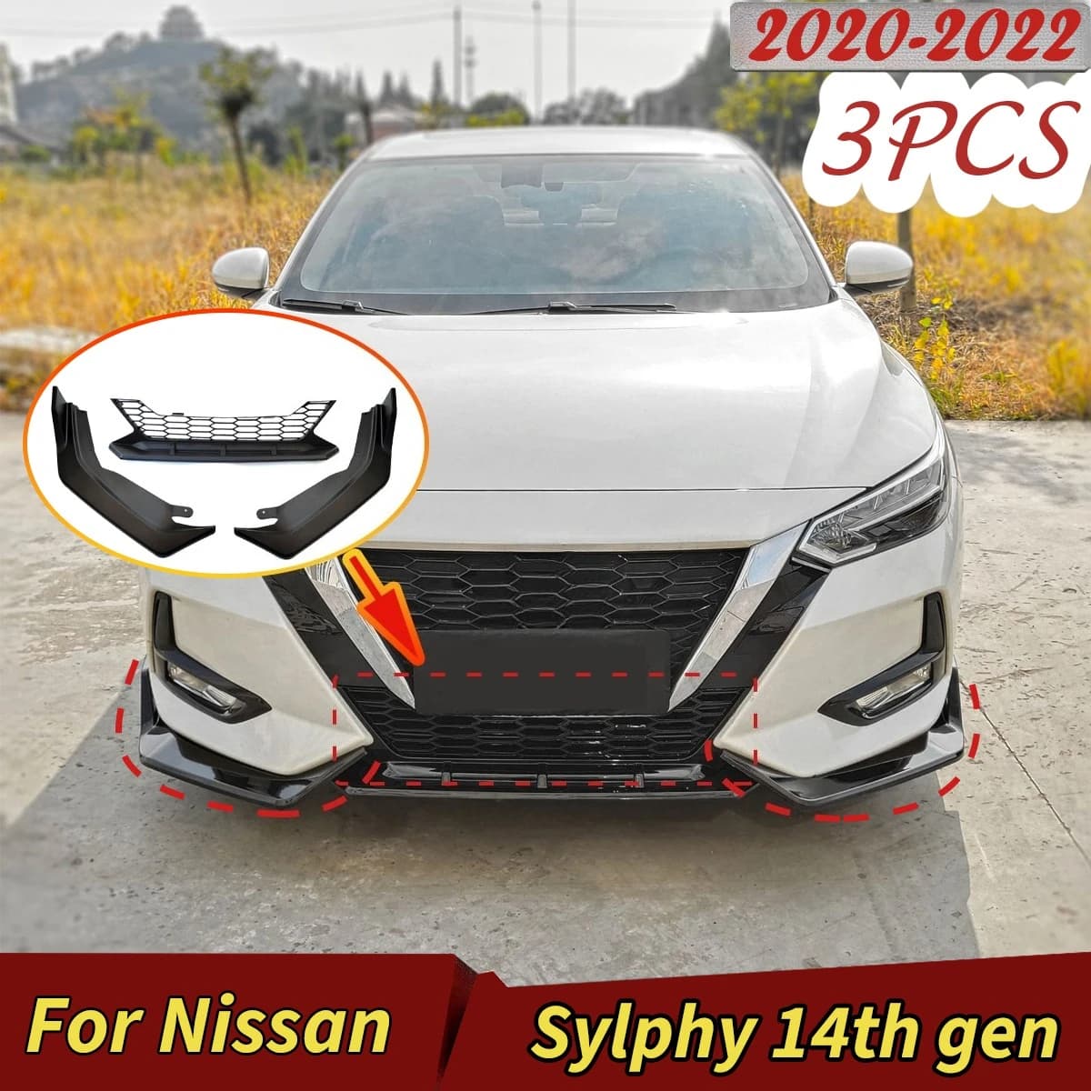For Nissan Sylphy 14th Gen 2020 2021 2022 Front bumper Spoiler Lip Lower Diffuser Splitter Tuning Guard Grille 3PCS Body Kit