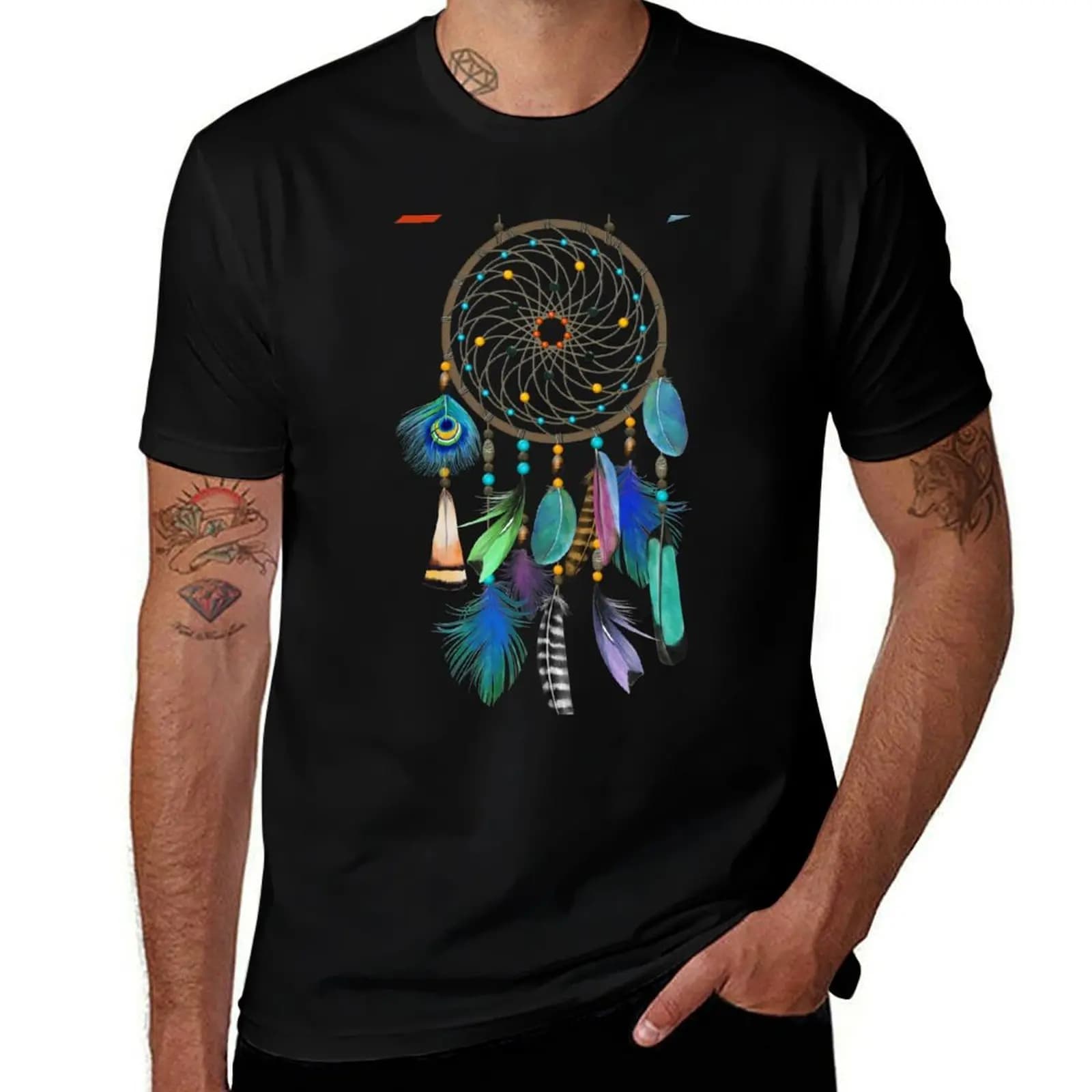 Watercolor Feathers Dream Catcher T-Shirt Work Utility Casual Tee Shirt