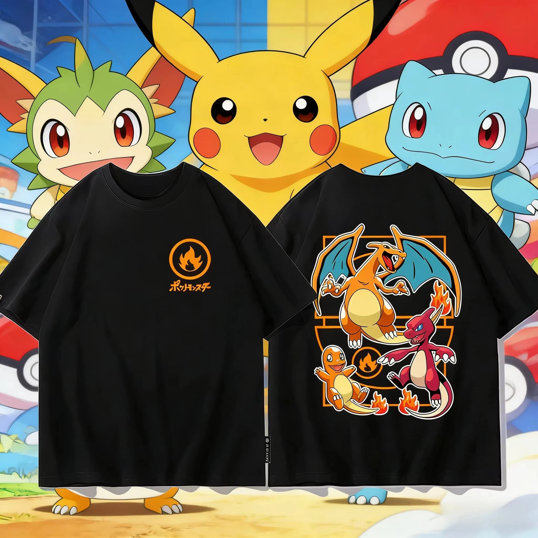 2026 Summer Pokemon Charizard Evolution Double Sided Print T-Shirt, Polyester Fabric Oversized Couple & Family Tee for Travel
